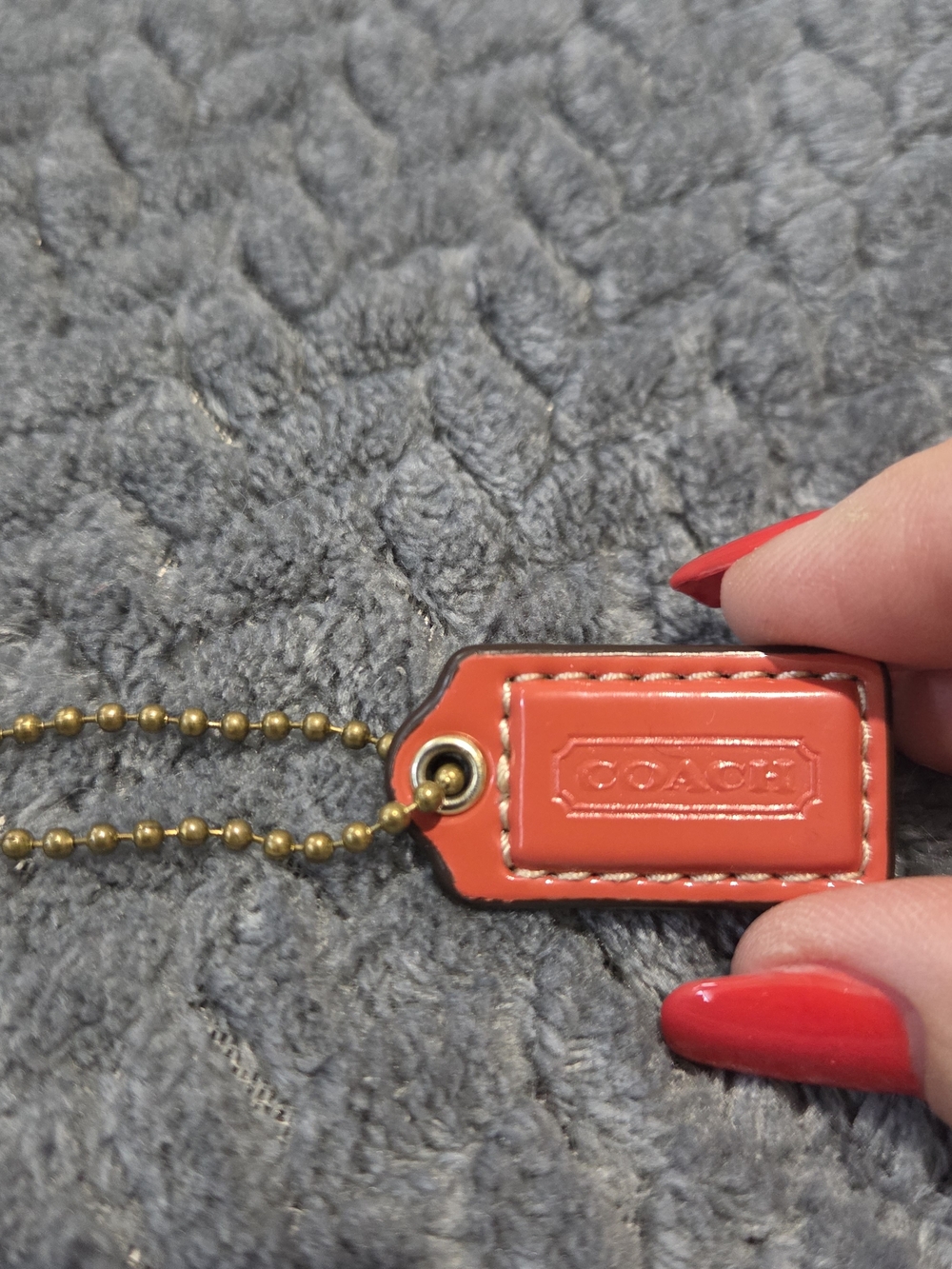 Coach Orange Coral Leather Hangtag And Brass Chain